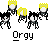 Animated contact sheet of 12 frames showing a pixel art character performing various actions with red and yellow elements, labeled "Orgy" under each frame on gray background.