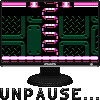 Pixel art of a retro video game screen showing green structures, pink and white patterns, and the word UNPAUSE below.