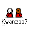 Animated contact sheet of pixel art characters with changing speech bubbles and text above them, all saying "Kwanzaa?" or related phrases on a gray background.