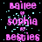 Pixelated text in pink and cyan on black background with scattered light blue dots, showing repeated names 'baleee', 'sophia', 'besties'