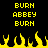 Yellow pixelated text and flames on black background, with 'BURN ABBEY BURN' repeated twice above yellow flame shapes.