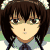 Pixelated anime-style character with dark brown hair, bangs, and two braids, wearing a light blue collared shirt and dark tie, neutral expression, static image.