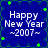 Blue background with green star-like shapes and white text reading "Happy New Year ~2007~" in pixelated font.
