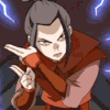 Animated sequence of a character in red clothing performing hand gestures with blue lightning effects against a dark background.
