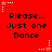 Red background with repeated text "Please... Just one Dance" in black pixelated font, surrounded by white and pink star-shaped pixel decorations.