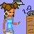 Pixel art animation of a girl with brown pigtails dancing near a brown cabinet with a gray speaker, blue musical notes floating, and text reading 'dance to the music' on a light purple background.
