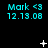 Cyan text 'Mark <3' and '12.19.08' repeated across a black background with animated white plus and star symbols appearing and disappearing in sequence.