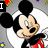 Animated Mickey Mouse icon with changing text overlays and scattered star-like shapes on a gray background.