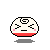 Pixelated round character with white top half, red bottom half, pink cheeks, and black spiral symbol on head; expression shifts from neutral to angry across frames.