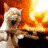 A pixelated animated icon shows a light-colored cat-like figure with closed eyes against an orange-yellow gradient background, transitioning between two distinct poses.