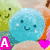 six identical blue cartoon characters with smiling faces, each paired with a different text label in colored boxes below them