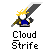 Pixel art icon shows a blue-clad figure holding a large sword with a yellow flame effect, below text reading "Cloud Strife" in blocky font.