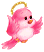 Three pixelated birds with halos, each in distinct colors, positioned in a against a gray background