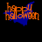 Animated orange 'happy halloween' text with blue ghost-like shapes on black background, transitioning between three distinct configurations.