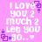 Pixelated text on pink background with purple square accents and heart symbol, repeating 'I LOVE you 2 much 2 let you go...' in white block letters.