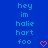 Blue background with cyan text 'hey im halie hart foo' and red pixelated heart symbols, animated to alternate between two identical states.