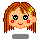Pixel art of a girl's face with brown hair, yellow flower accessory, red cheeks, and smiling mouth; two variations show different eye expressions.