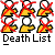Pixelated icon grid shows six variations of a figure with white head, red arms, and yellow body against gray background; text below reads 'Death List' in blocky font.