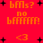 Red background with orange pixelated text and black plus signs, displaying 'bffls?', 'no bfffffff!', and '<3' in a with repeated elements