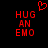 Red pixelated text 'HUG AN EMO' appears twice on a black background with a red heart symbol above the left instance.