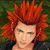 Pixelated character with spiky red hair and green eyes appears in four with changing text overlays and background elements