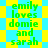 Green text on alternating blue and yellow background with star-like shapes, repeating 'emily loves domie and sarah' in two