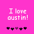 Pink background with white pixelated text "I love austin!" and five black/purple heart icons below, two versions showing animation changes.