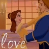 Animated scene of two characters dancing in a room with grid-patterned windows and wall sconces, with the word 'love' in white cursive text at the bottom.