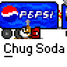 A static contact sheet of six identical animated frames showing a pixelated Pepsi truck with a guitar-playing character, each labeled "Chug Soda" below.
