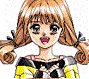 Animated sequence of a character with brown pigtails in yellow and black clothing showing multiple facial expressions against white background.