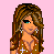 Pixel art of a female character with long brown hair, wearing a brown top with white crosses and blue jeans against pink background.