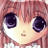 Pixelated close-up of an anime-style character with large purple eyes, light skin, and pink hair, wearing a white top.