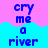 Pixelated text 'cry me a river' in blue on pink and cyan background with wavy transition, displayed across four