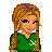 Pixel art contact sheet showing three frames of a female character in green sports uniform with purple stick, displaying head/upper body, torso, and legs respectively.