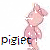 Pixelated pink cartoon character with large bow, arms crossed, standing against white background with scattered gray pixels; text 'piglet' below in multicolored letters.
