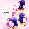 A static image shows three blue penguins with white bellies and orange beaks on a light yellow textured background, surrounded by pink heart shapes and the word "PENGUIN" in blue text.