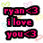 Pixelated text reads 'ryan<3 i love you<3' in pink with black outlines over a white background scattered with pastel heart shapes.