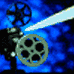 A film projector icon with two reels and a light beam, displayed in four showing animation frames