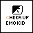 Pixelated icon with black and white square graphic above text reading 'CHEER UP EMO KID' in orange and black lettering.