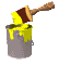 Yellow paint drips from a brown brush into a gray bucket on a light gray background.