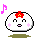 Pixel art contact sheet of four animated frames showing a round white character with pink cheeks, red flower on head, and colored musical notes above each frame.