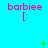 A static image with a bright cyan background displays repeated pink text 'barbiee' above pixelated smiley faces, accompanied by green plus and X symbols scattered across the composition.