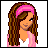 Pixelated image of a girl with long brown hair and pink headband on left, purple flower with yellow center and 'Hannah' text on right.
