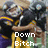 Pixelated image of a character with dark hair and yellow accents holding an object, overlaid with white text reading "Down Bitch".