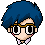 Pixel art character with blue hair and glasses in three expressions: neutral, squinting eyes, open mouth.