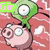 Pixelated green alien head with large white eyes appears above and below a pink pig-like character on red background.