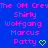 Blue background with pink pixelated text listing names and green heart symbols, displayed in a