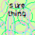 Pixelated text 'SURE THING' and 'KID' on a light green background with colorful line patterns, animated change from 'THING' to 'KID'.
