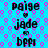 A static image with a bright cyan background patterned by overlapping pink and purple circles, featuring repeated text elements in black pixelated font.