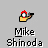 Pixelated avatar with red hair, yellow shirt, and black outline holding a microphone; text below reads "Mike Shinoda" in pixel font.